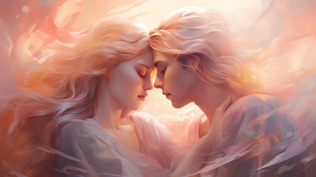 Romantic portrait of two beautiful young women in love. Retro style.の素材
