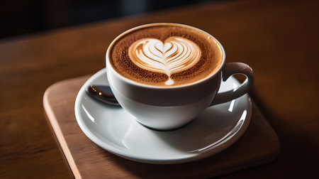 Coffee cup with latte art on wooden table in coffee shopの素材