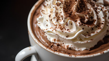 Hot chocolate with whipped cream in white cup on dark background, close upの素材