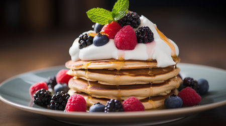 Pancakes with fresh berries and whipped cream, selective focus.の素材