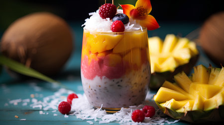 Chia seed pudding with mango, raspberries and coconut on blue backgroundの素材