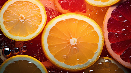 Slices of orange, grapefruit and lemon on a dark backgroundの素材