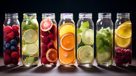 Infused water with fresh fruits and berries in glass bottles on dark backgroundの素材