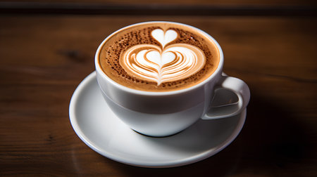 Coffee cup with heart shape latte art on wooden tableの素材