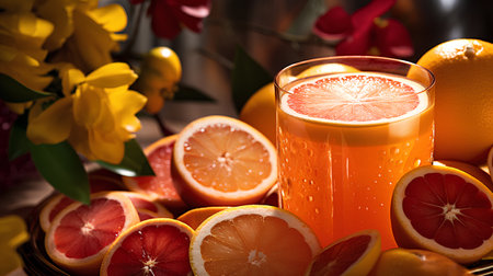Close up of a glass of orange juice with citrus fruits and flowersの素材