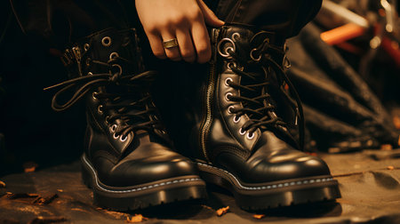 Black leather women's boots on the background of autumn leaves. Toned.の素材
