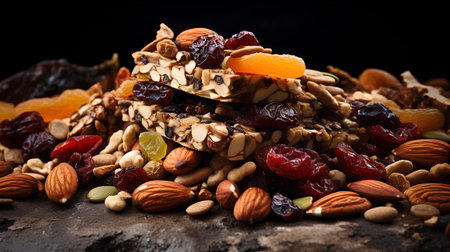 Muesli with dried fruits and nuts on a dark background.の素材
