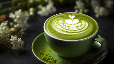 Green tea matcha latte on a black background with flowers.の素材