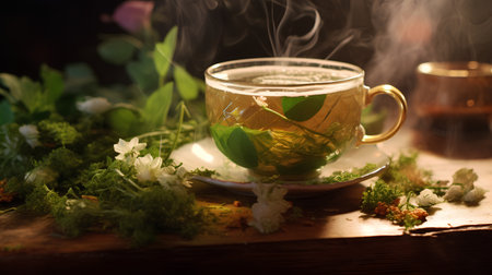 Cup of green tea on a wooden table with flowers and smokeの素材