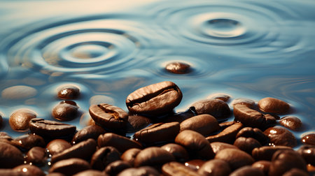Coffee beans on water surface with ripples. Abstract background.の素材