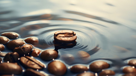 Coffee beans on the water surface. Coffee beans in waterの素材