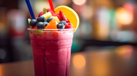 Strawberry and blueberry smoothie in glass on bar backgroundの素材