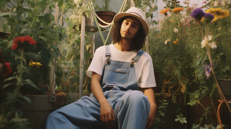young pretty african american woman in hat and overalls working in garden, lifestyle people conceptの素材