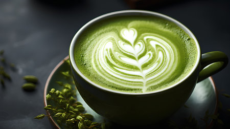 Green tea matcha latte on a dark background, selective focusの素材