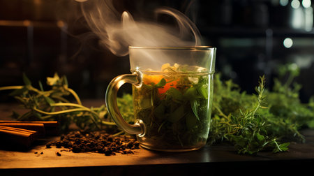 Mug of green tea with aromatic herbs and spices on wooden tableの素材