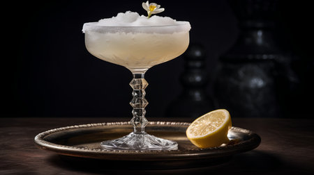Cocktail with ice, lemon and flowers on a dark backgroundの素材
