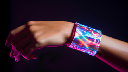 Female hand in pink neon light on a dark background. Female hand with futuristic bracelet.の素材
