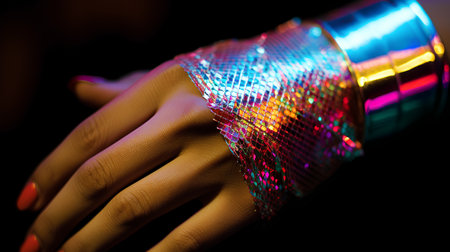 Close-up of female hand in neon light. Fashion and beauty concept.の素材