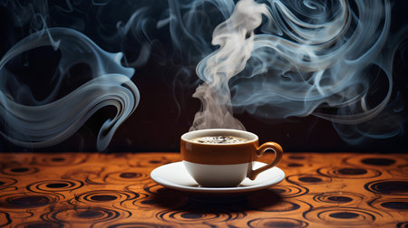 Cup of coffee on the wooden table with smoke on dark backgroundの素材