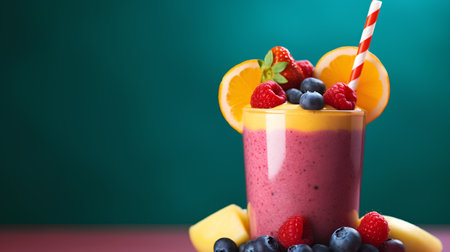 Smoothie with blueberries, raspberries and mango on a green backgroundの素材