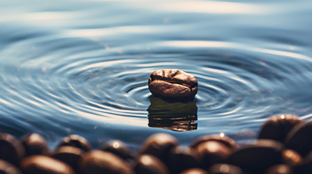Coffee beans in water with ripples and blue sky backgroundの素材