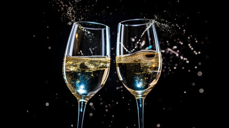 Glasses of champagne with splashes, isolated on black background.の素材
