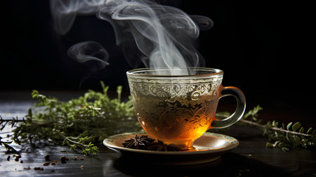 Cup of tea with herbs and spices on a black background.の素材