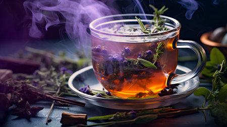 Herbal tea with fresh herbs and spices on a dark background.の素材