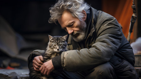 Homeless man with a cat in his arms. Homeless people concept.の素材
