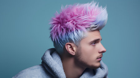 Portrait of young man with pink hair. Isolated on blue background.の素材