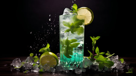 Mojito cocktail with lime, mint and ice on black backgroundの素材