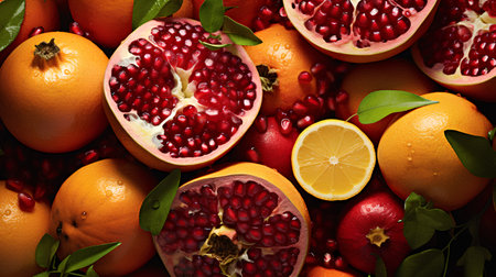 Pomegranate, lemon and grapefruit background. Top view.の素材