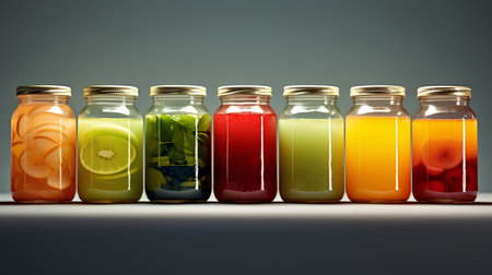 Fruit and vegetable juices in glass bottles. 3d illustration.の素材