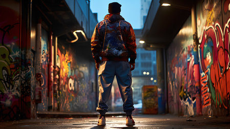 Stylish man in a stylish jacket and a hat on the background of the night cityの素材