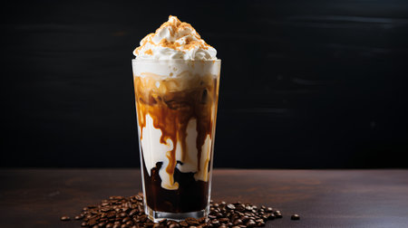 Iced coffee with whipped cream and coffee beans on dark background.の素材