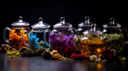 Herbal tea in glass teapot on black background with dried flowersの素材