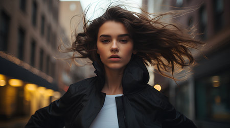 Portrait of a beautiful young woman with flying hair in the cityの素材