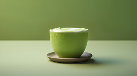 Green tea latte in a cup on a green background. 3d renderingの素材