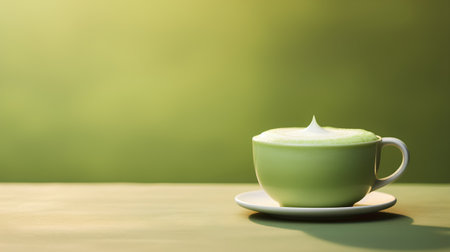 Green tea latte with milk on green background with copy space.の素材