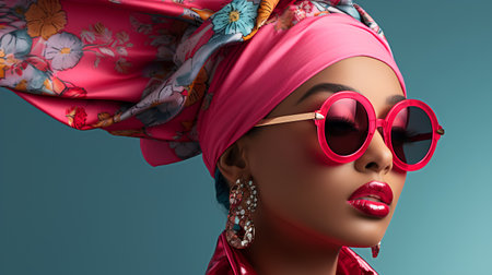Beautiful african american woman with pink sunglasses and turbanの素材