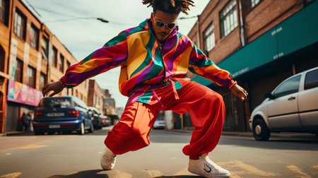 Stylish african american man in bright colorful clothes and sunglasses is dancing on the street.の素材