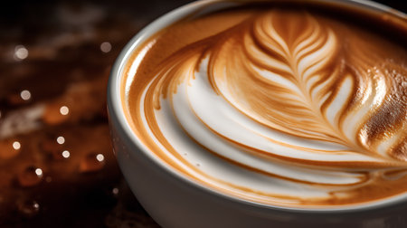 Coffee cup with latte art on wooden table, close upの素材