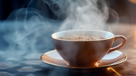 Coffee cup on a saucer with smoke on the backgroundの素材