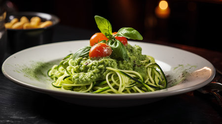 Spaghetti with pesto sauce and basil on a dark background.の素材