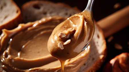 Peanut butter on a spoon, close-up, selective focus.の素材