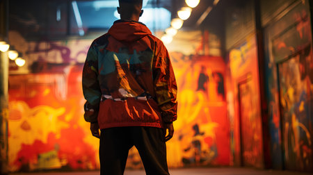 Fashionable man in a red jacket in the night city.の素材