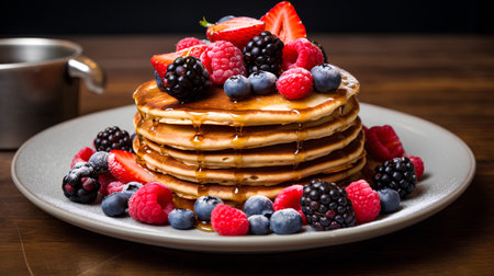 Pancakes with fresh berries and maple syrup on a wooden tableの素材