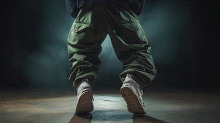 Male legs in military pants and sneakers on dark background with smoke.の素材