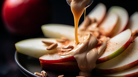 Pouring caramel on a sliced apple. Selective focus. Toned.の素材