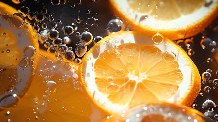 Slices of lemon and orange in water with bubbles on black backgroundの素材
